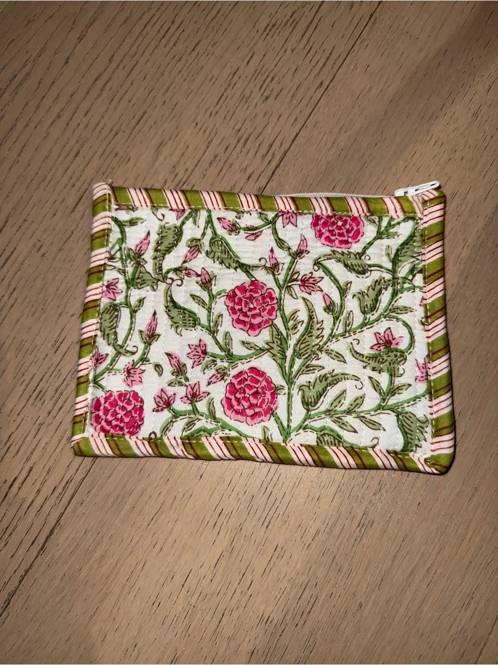 New & Handmade - Floral Quilted Zipper Pouch Bag in Pink and Green